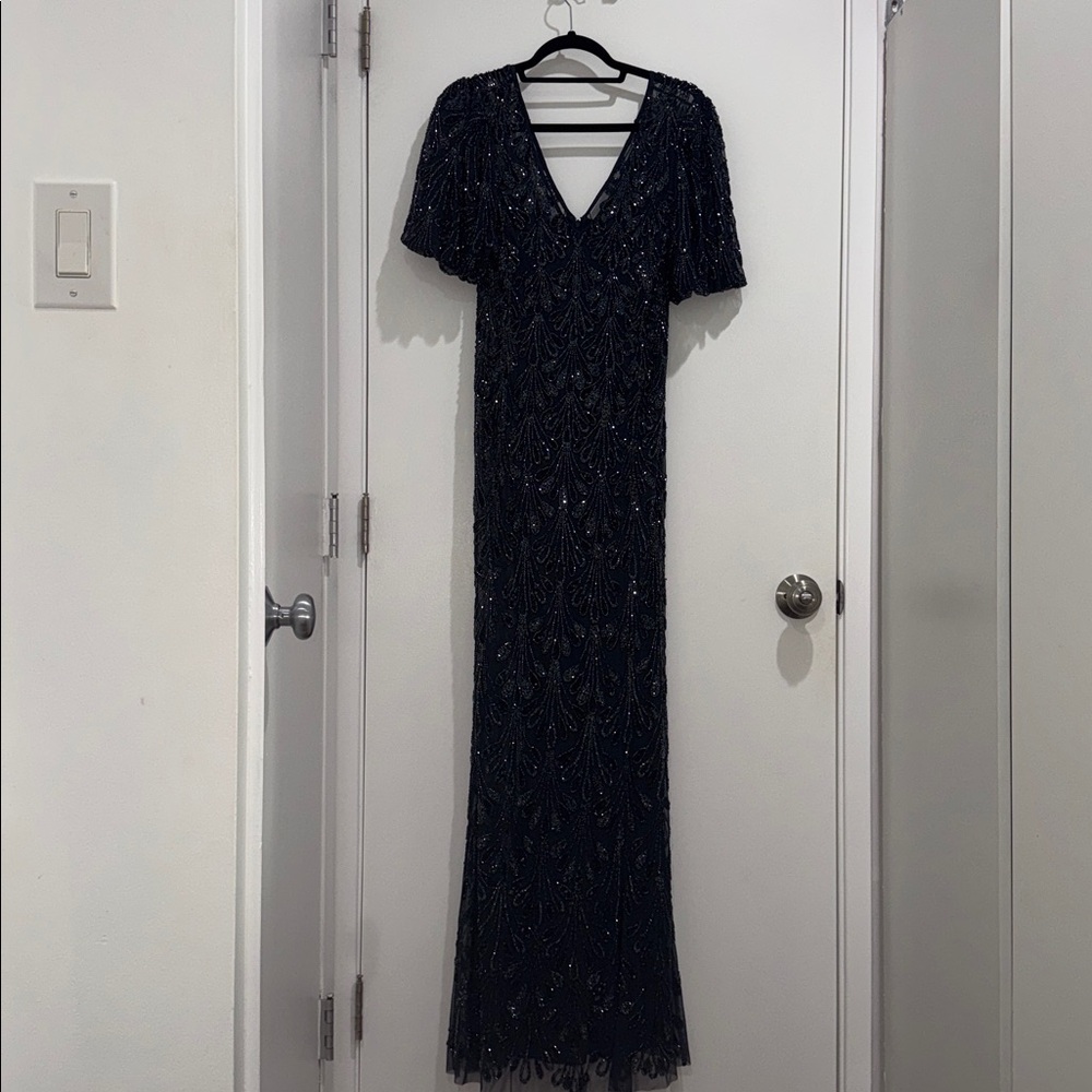 Aidan Mattox Navy Blue Beaded V-Neck Maxi Dress